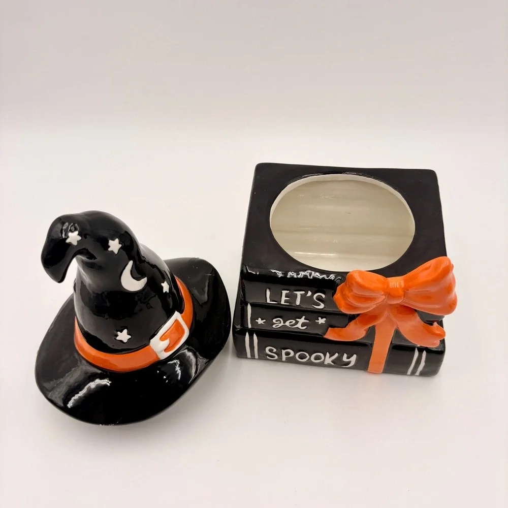 Halloween Ceramic Witch Hat Stacked Books Let's Get Spooky Candy Jar Black